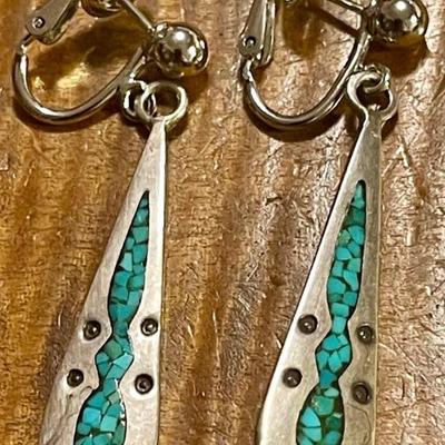 Pair Of Yazzie Sterling Silver And Turquoise Inlay Post Earrings  - 6.87 Grams