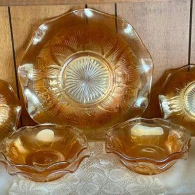 Vintage Jeannette Iris & Herringbone Carnival Glass Ruffled Berry Bowl With 6 Small Bowls & 5 Custard Bowls