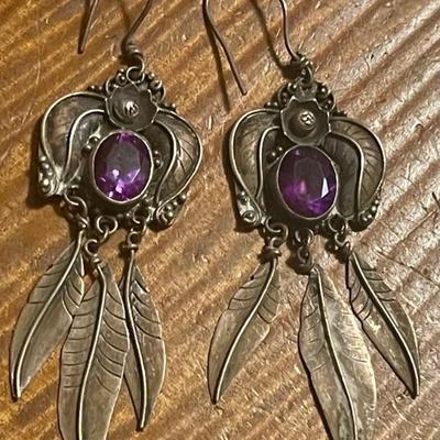Vintage Southwest Sterling Silver And Faceted Amethyst Stone Feather Earrings - 9.15 Grams