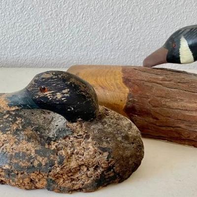 Cork Antique Folk Art Duck Decoy And Hand Carved Log Duck Decoy Painted 