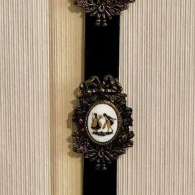 Velvet Strap Wall Hanging With 3 Painted Porcelain Victorian Couples W Ornate Metal Frames 
