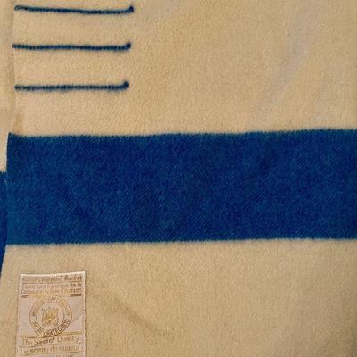 Vintage 4 Point Blue & Cream Hudson 100 Percent Wool Blanket 74" X 86" 