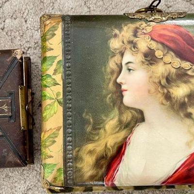 2 Antique Victorian Photo Albums - One Celluloid Victorian Girl Front Both Filled With Antique Photographs