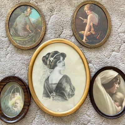 5 Oval Art Deco Antique Framed Prints - 4 Small - Metal Frames - Larger M. McLaughlin Gold Wood Frame 
