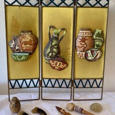 Metal Southwest Pottery Motif 3 Piece Metal Folding Screen - Reproduction Bear Claws - Rutilated Quartz