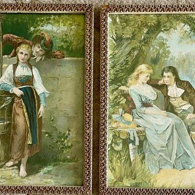 2 Antique Prints - In Gold Guilt Frames - " Talking Wall" (as Is) And Victorian Couple On Bench W Wood Backs