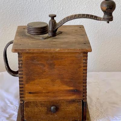 Antique Dovetailed Coffee Grinder With Box And Scoop