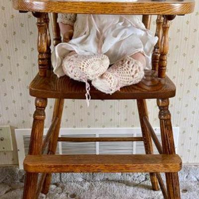 Antique 24 Inch Effanbee Composition Cutie Pie Doll - With Oak Press Back High Chair & Holdfast Baby Plate