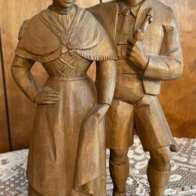 Vintage Detailed Hand Carved Wood Male & Female Figurines