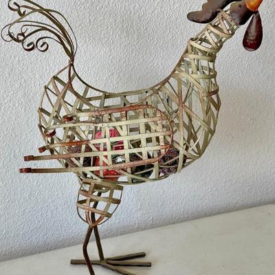 Vintage Metal Rooster With Czech Wood Painted Eggs 