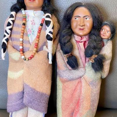 1930's Pair Of Skookum Bully Good Indian 12 Inch Male, 10 Inch Female & Papoose Baby Dolls Side Eye Dolls