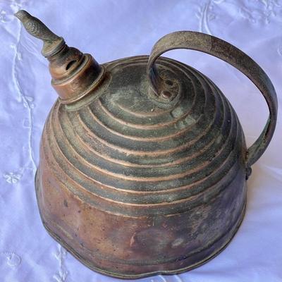 Antique Copper Beehive Tea Pot With Bird Lid