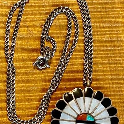 Vintage Zuni Inlay Silver Sun Face Onyx - Turquoise - Coral - Mother Of Pearl On 24 Inch Silver Tone Chain