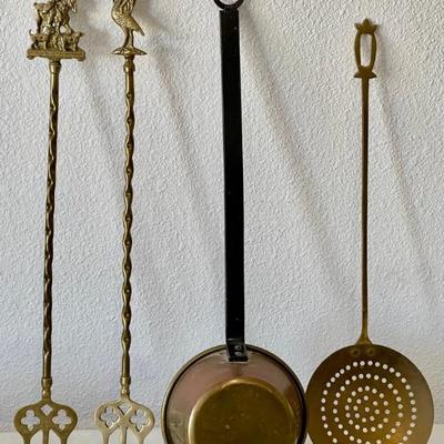 Pair Of English Brass Roasting Forks - Brass Skimming Spoon And Brass Ladle
