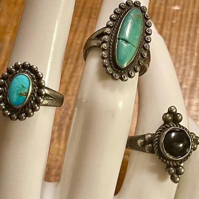 3 Vintage Navajo Sterling Silver Rings Bell Trading N A (1) As Is - Turquoise & Onyx 14.32 Grams