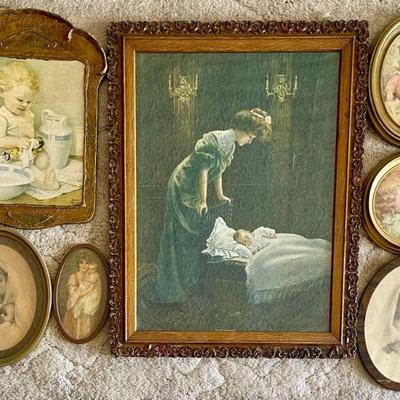 Antique Prints Carved Wood Frame 1905 - Good Morning - Metal Frame Ovals & Paper Mache 