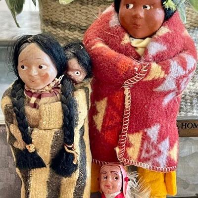 Vintage Skookum Style Indian Doll & Celluloid Skookum Japan Doll With Papoose & Miniature Dollsed