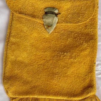 Vintage Leather Medicine Bag With Arrowhead Button And Fringe