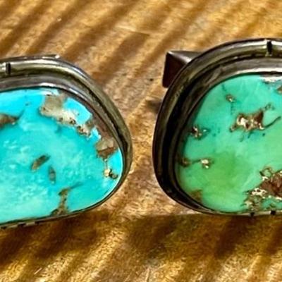 Pair Of Vintage Navajo Sterling Silver & Turquoise Cuff Links (as Is) Total Weight 17.23 Grams 
