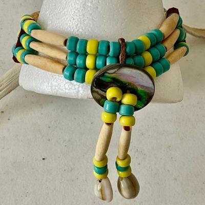 Vintage Native American Abalone - Bone Pipe Bead - Blue & Yellow Bead With Leather Hyde Tie 