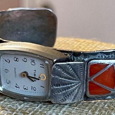 Vintage Fred Weekoty Zuni Coral Inlay Cuff Watch Band With Timex Watch - Total Weight 35.86 Grams 