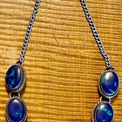 Vintage Mexico Sterling Silver Azurite Cabochon 15 Inch Necklace Total Weight 40.69 Grams 