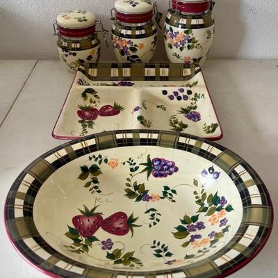 Oneida Strawberry Plaid  (3) Piece Canister Set - Serving Bowl And Large Divided Dish 