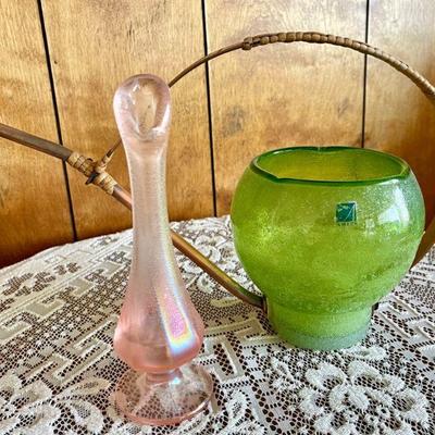 Vintage Fenton Pink Iridescent Bud Vase & & Hand Blown Glass Bubble Art Glass & Brass Amici MCM Watering Can 