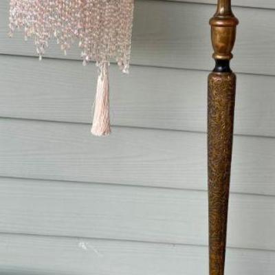 Antique Chalk Base 60 Inch Standing Floor Lamp With Silk Beaded Shade Works 