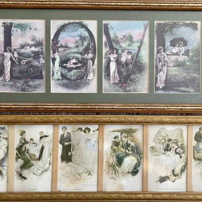 Framed French Antique Alphabet Post Cards & Framed Harrison Fisher Post Cards Great Moments In A Girls Life 