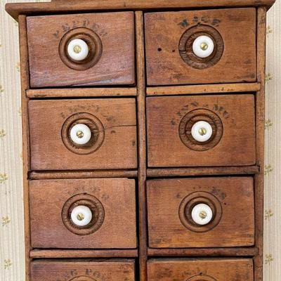 Antique 8 Drawer Hanging Or Countertop Wood Spice Cabinet With White Porcelain Pulls 
