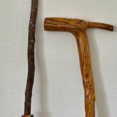 Vintage Multi Color Broom With Wood Branch Handle & Hand Carved Wood Walking Stick 