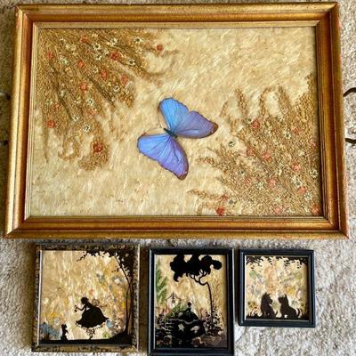 3 Fisher Reverse Painted  Art Deco Silhouttes - Scotty Dogs & Framed Blue Morpho Butterfly Handled Tray