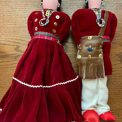 2 Vintage Hand Made Navajo Dolls - Velvet Clothing - Seed Bead Jewelry Hand Painted Faces 