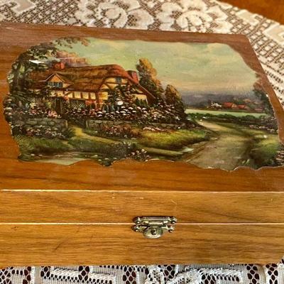 Vintage Wood Box With Decoupage Top & Thorens Metal Record Playing Swiss Music Box (as Is) 
