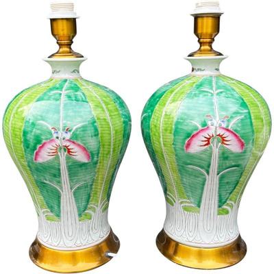 Bok choy famille verte lamps pair