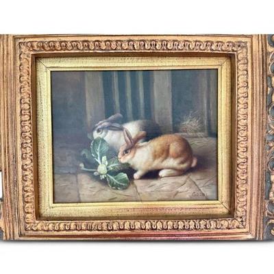 Oil Painting of Rabbits in Ornate Frame, Signed