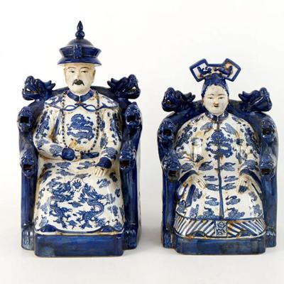Emperor and Empress Handpainted Lamps, Chinoiserie Blue and White