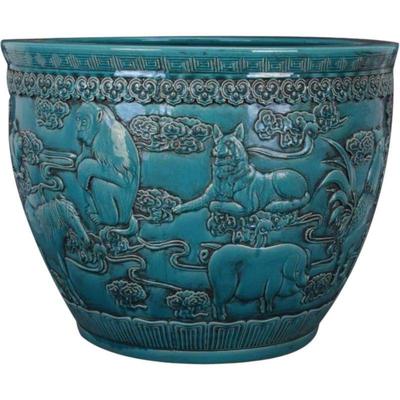 Hand carved Turquoise Blue Asian Zidiac Motif Planter 