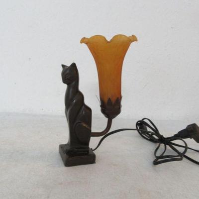Vintage Frankart Style Art Deco Bronze Metal Cat Figurine Table Lamp with Amber Art Glass Tulip Shade - 9½" Tall