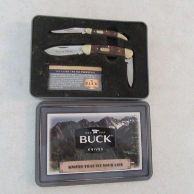 Vintage Buck Special Edition 389 Canoe & 385 Toothpick Knife Combo in Collector Tin