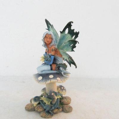 Signed Vintage 2006 Lovely Blue Fairy with Dragons Perched on Mushroom Figurine - 9½" Tall