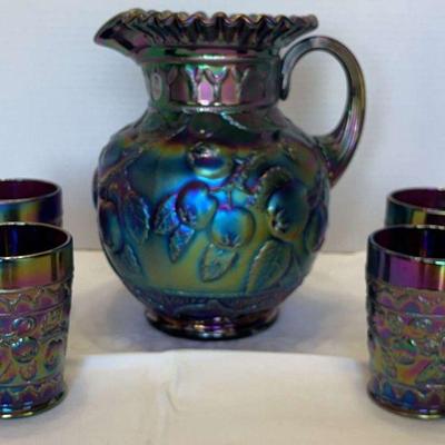 Fenton carnival Glass Pitcher and Tumblers