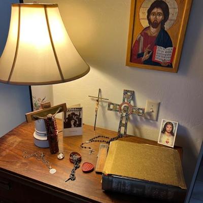 RELIGIOUS ICONS, CROSSES, AND BIBLE.