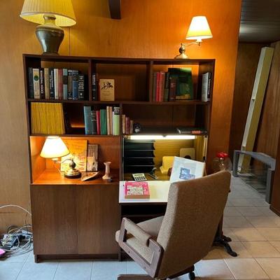 THIS MCM SHELF UNIT WITH BUILT-IN DROP-DOWN DESK WITH UPPER LIGHT IS FAB! (AVAILABLE AT CLOSE OF ESCROW)