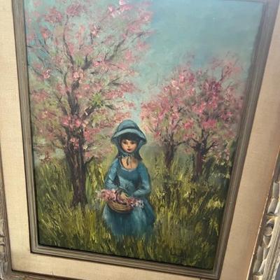 Beautiful oil painting vintage "Girl in blue picking flowers."