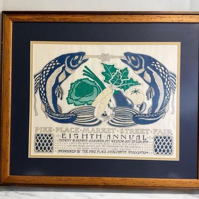 Vintage framed rare poster 1979 seattle art print pike place market