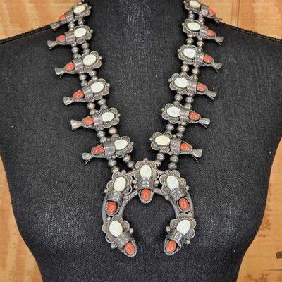 #90 • Native American Sterling Silver Navajo Coral MOP Squash Blossom, 236.7g
