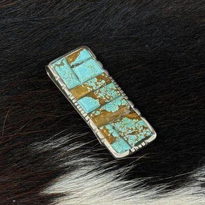 #98 • Native American Navajo 8 Turquoise Cornrow Inlay Money Clip, 20.23g
