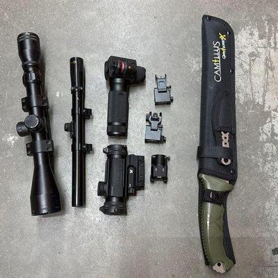 #2608 • (3) Rifle Scopes, (2) Light Attachments & (1) Knife
